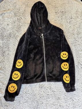 Angel Cult Smiley Face Plush Zip Up Hoodie Size Small